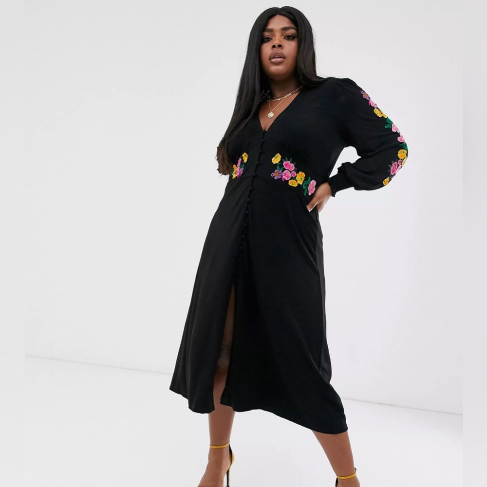 ASOS DESIGN Curve long sleeve maxi embroidered tea dress Size 18